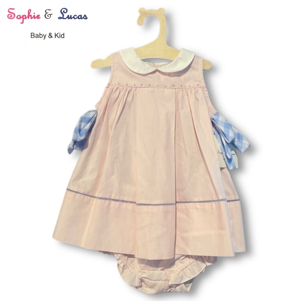 Sophie and Lucas Pink Embroidered Dress with Blue Plaid Bows
